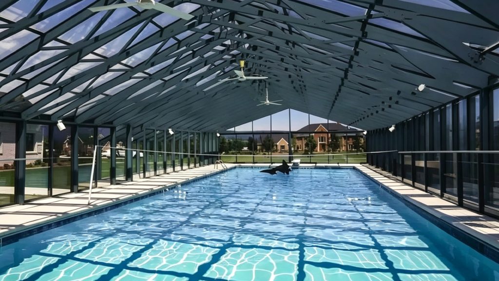 Modern swimming pool greenhouse with dark steel frame, ceiling fans, and a swimmer jumping into blue water.